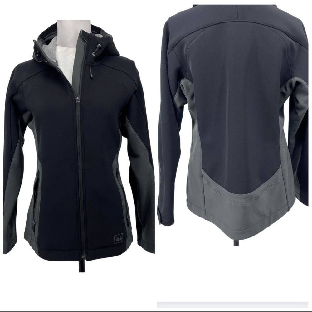 REI black hooded jacket